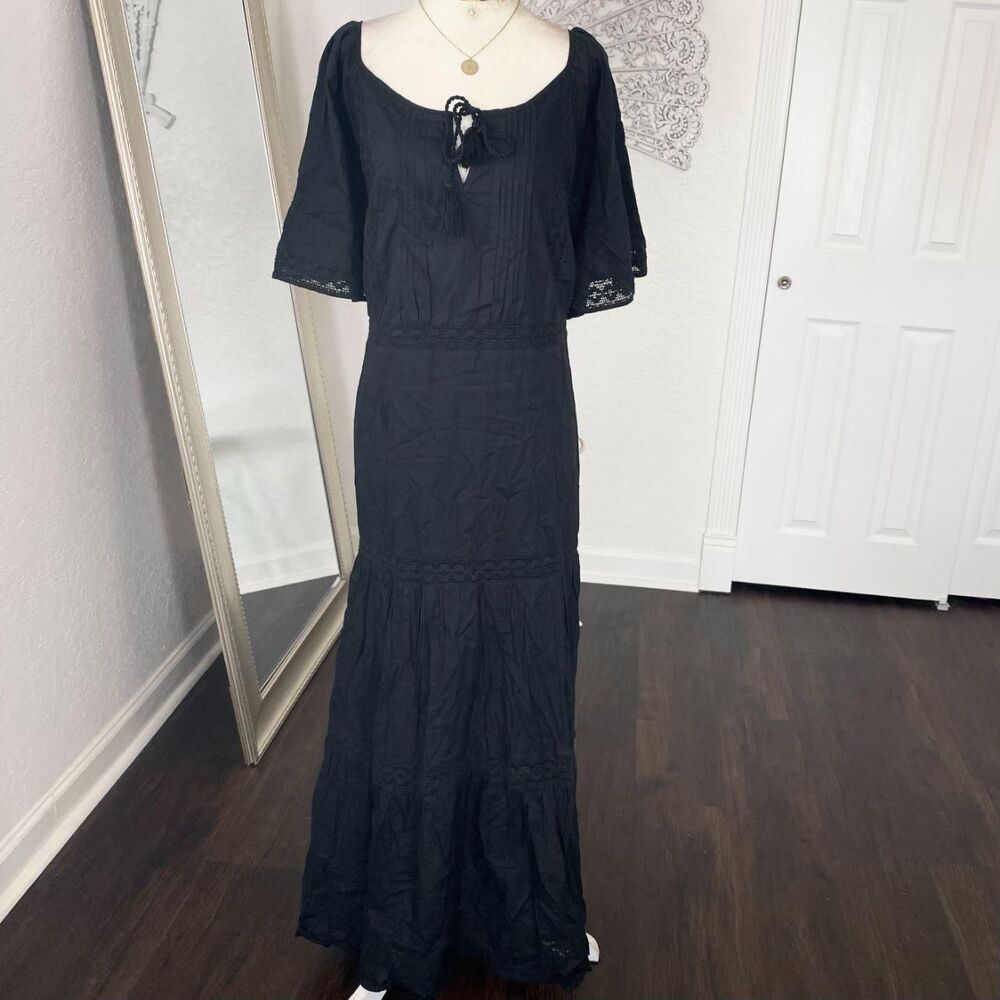 Woman Within Black Boho Cottage Core MilkMaid Cotton Lace Maxi Dress Plus 18 1X